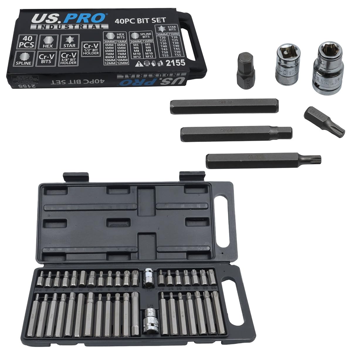 US PRO Industrial 40pc Socket Bit Set HEX, TORX, Spline, Star 3/8" & 1/2" Drive BIT Holder