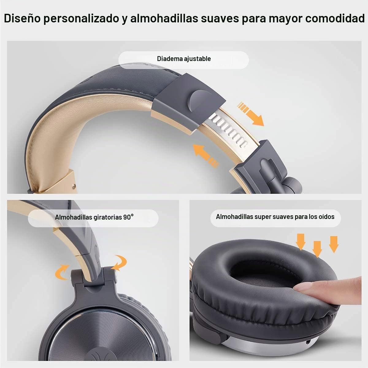 OneOdio - Auriculares con cable para DJ y piano con micrófono, sonido extra bajo, ligero y cómodo plegable con Share-Port, 2 enchufes jacks, auriculares para PC Studio Monitor AMP Pro-10 (gris)