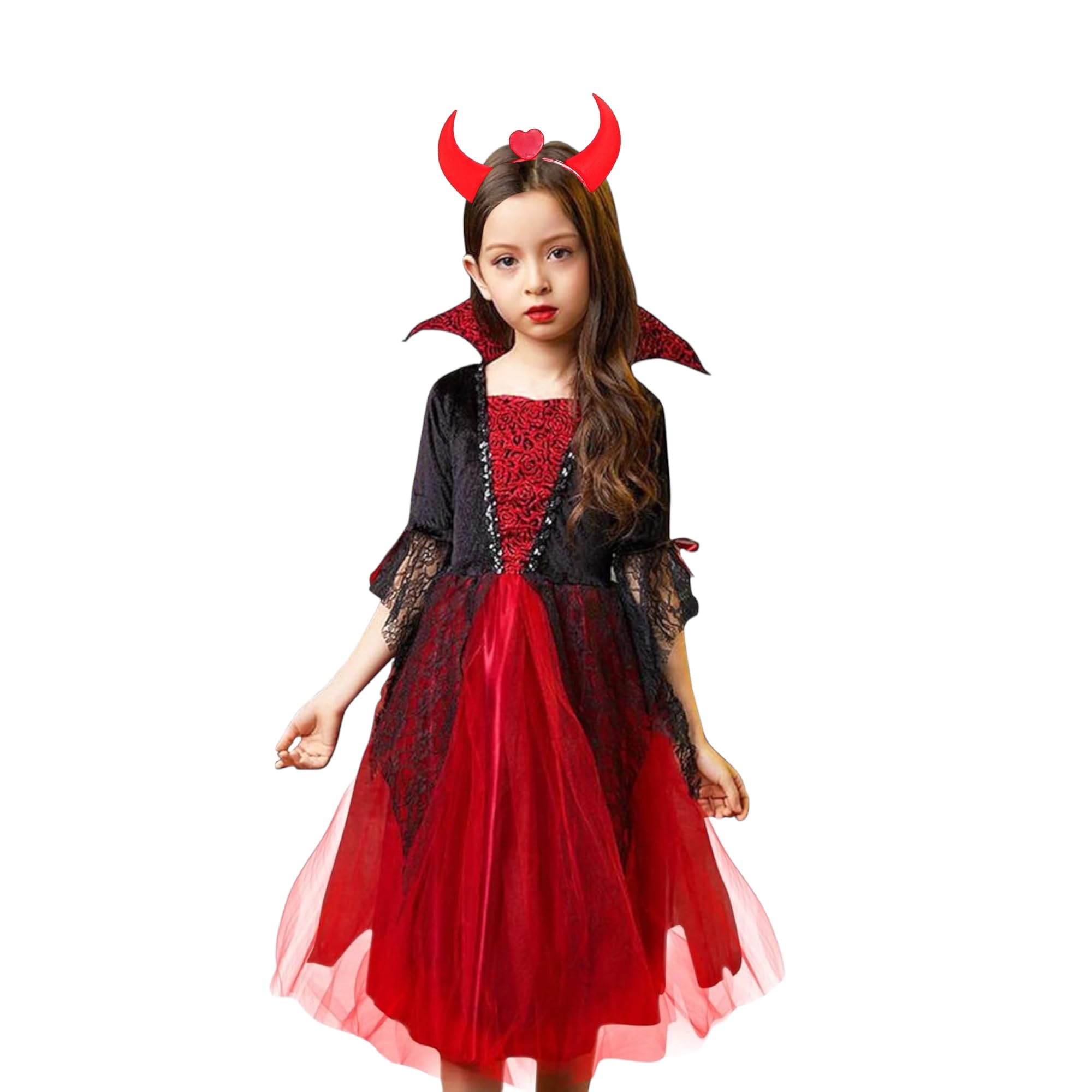 Doodle Kiddo® Vampire Costume for Girls 3-7 Years – Witch Halloween Costume for Girls with LED Devil Hairband – Halloween Fancy Dress Pretend Play Trick Or Treat Outfit for Kids