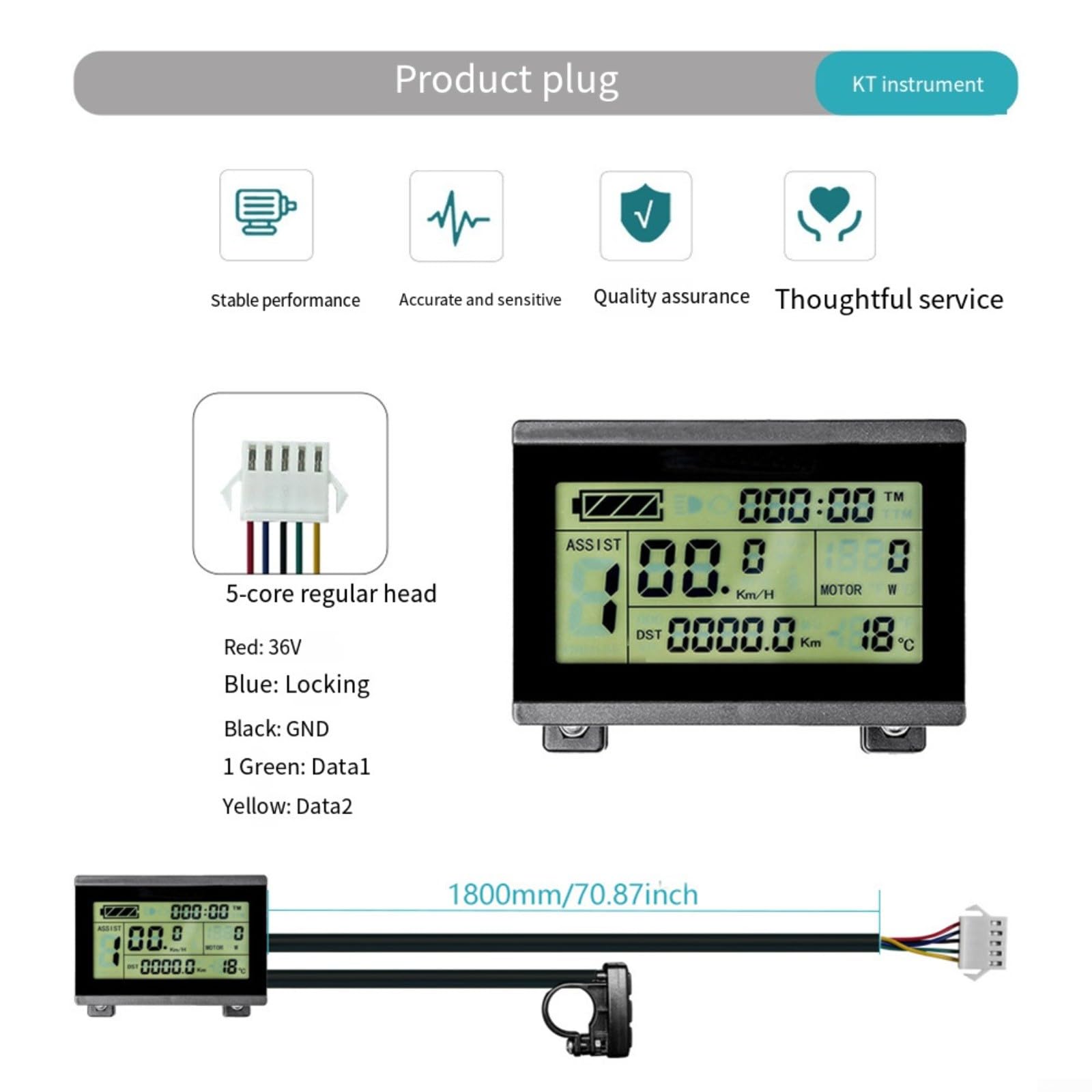 Pannello strumenti LCD a colori, per controller bici elettriche KT-LCD3 72 V 5 pin SM connettore display resistente alle intemperie, per pendolari e ciclisti, nero