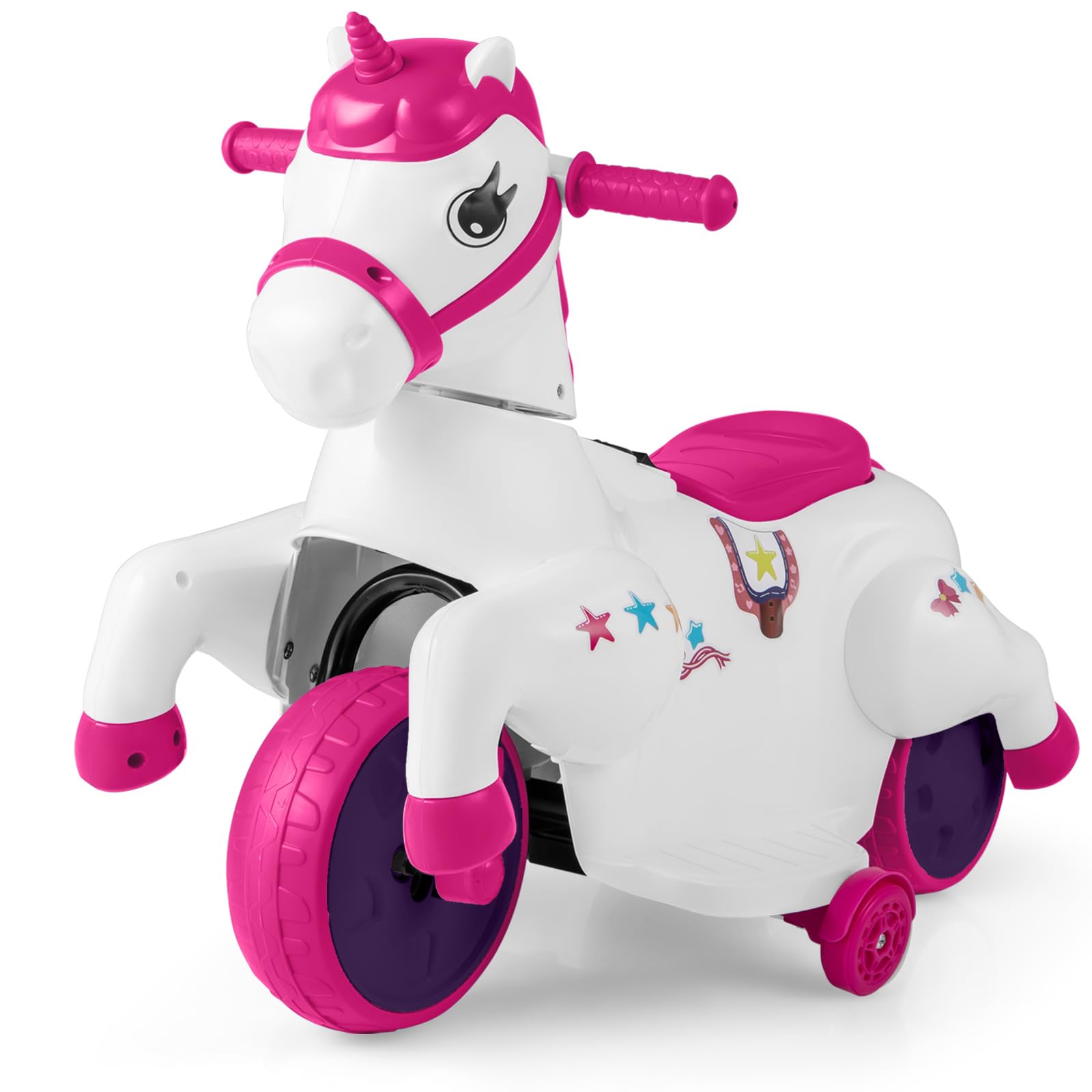 COSTWAY 12V Kids Ride on Toy, Electric Ride on Unicorn with Training Wheels, Horse Riding Mode, Music, Cute Riding Animal for Girls Boys (Rosy+White)