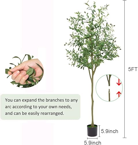 Miniatura 4 de Olivo artificial, olivo sintético de 5 pies, árbol artificial alto para interiores y exteriores, plantas de seda en maceta para decoración moderna