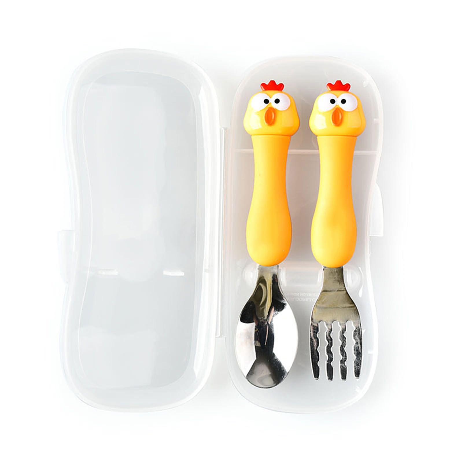 Baby Fork Spoon Plastic Handle Stainless Steel Tableware for Children Feeding Training Chicken (Yellow)