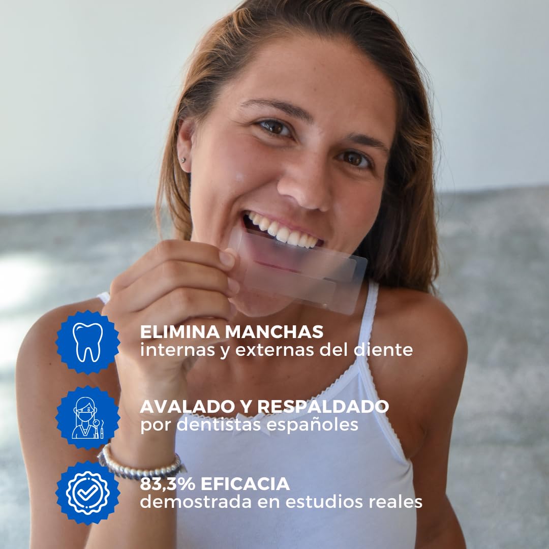 Tiras blanqueadoras de dientes PROFESIONALES FORTE - 28 tiras sin peróxido o ácidos para 14 sesiones de blanqueamiento dental - Fabricado en España - Fórmula eficaz 83.3% PAP - Incluye guía de tonos