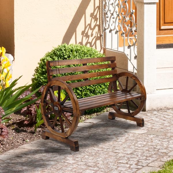 Rustic Outdoor Wooden Wagon Wheel Bench for 2, Solid Fir Garden Loveseat with Slatted Seat and Back, Sturdy Brown Patio Seating Decor for Porch, Backyard or Lawn, Vintage Country Style Furniture