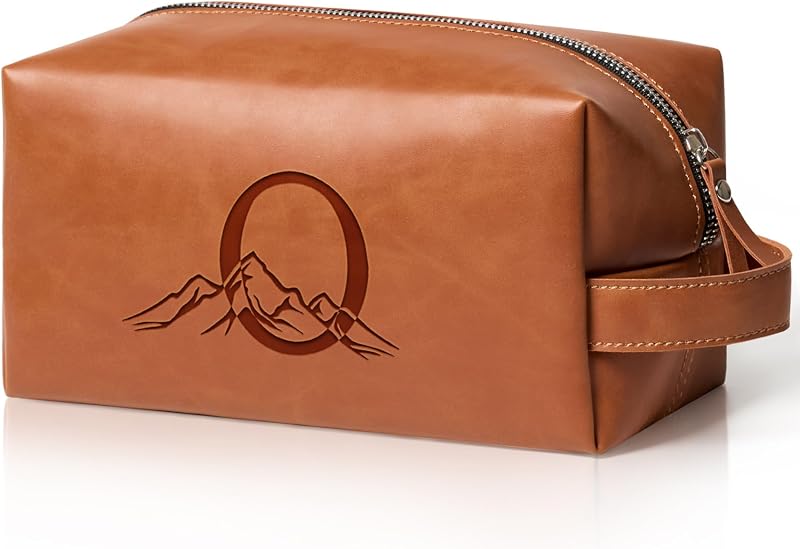 Necessaire de viagem Aganmi em couro PU com zíper, estampa de letra, marrom-claro
