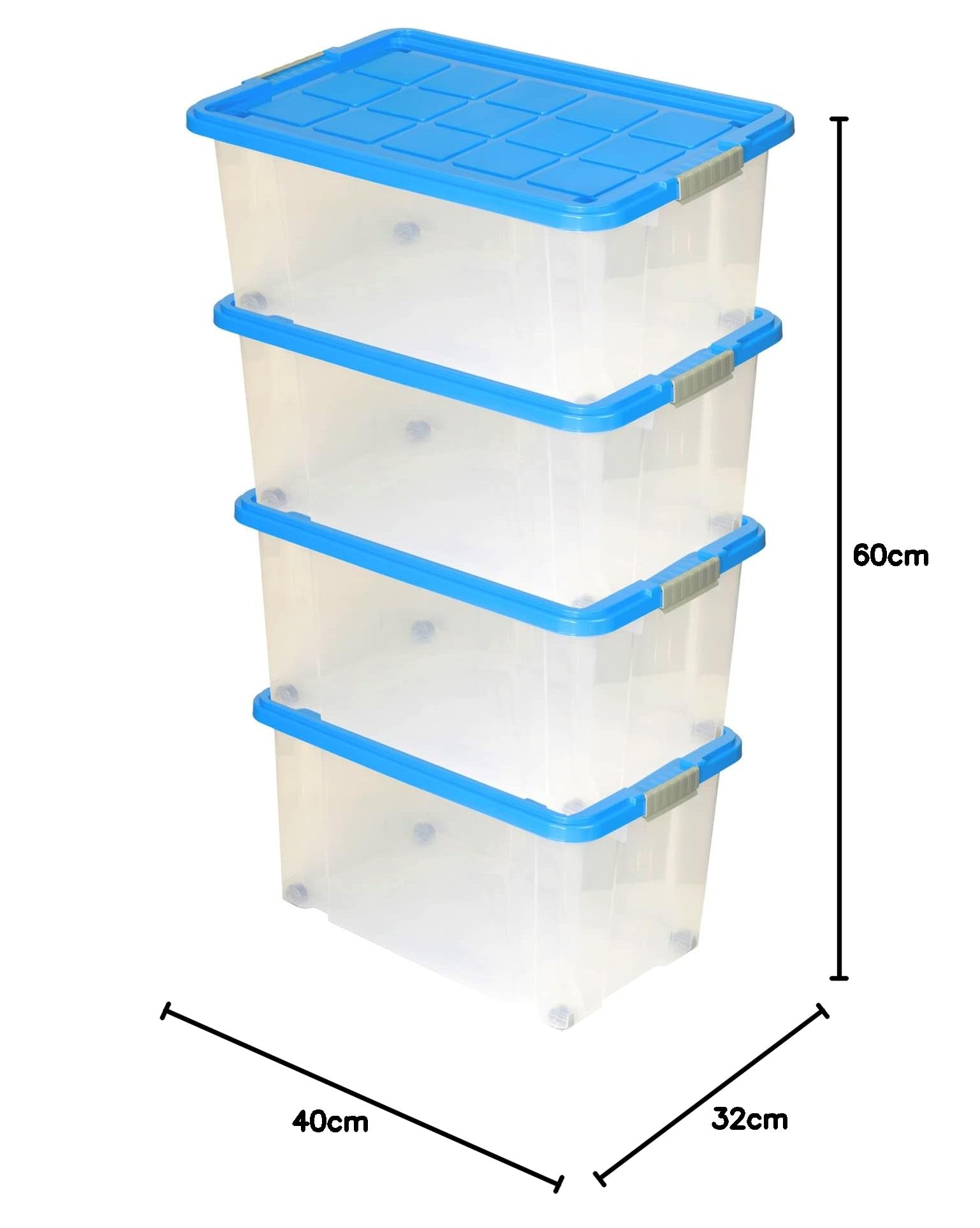 BigDean 4x XL Eurobox mit Deckel und Rollen 60x40x32,5 cm Aufbewahrungsbox | Stapelbox Deckel azur blau