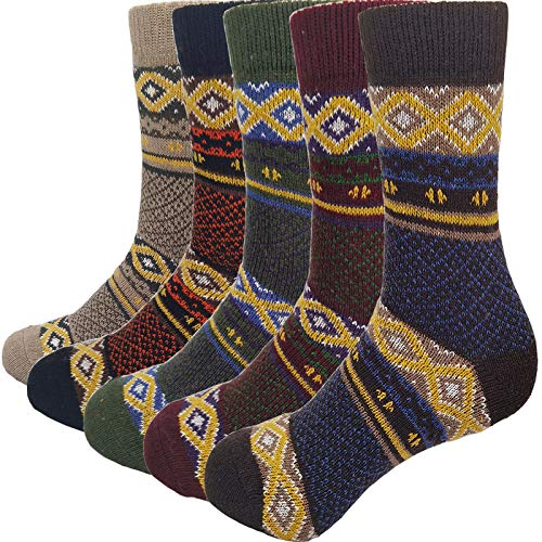 Mens Thick Warm Wool Socks - HZYMS Cozy Vintage Winter Crew Socks Christmas Gifts 5 Pack (5 pairs M-5)