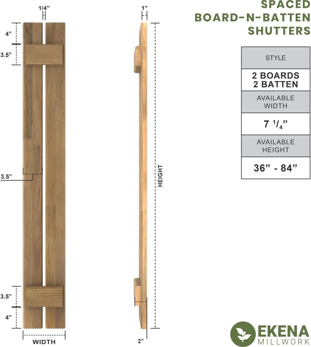 Ekena Millwork ARW101SB207X74TUH Americraft Two 2 Exterior Real Wood Spaced Board-n-Batten Shutters (Per Pair), 7 1/2"W x 74"H, Turmeric