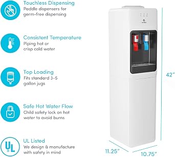 Avalon Top Loading Water Cooler Dispenser - Hot & Cold Water, Child Safety Lock, Innovative Slim Design, Holds 3 or 5 Gallon Bottles - UL Listed