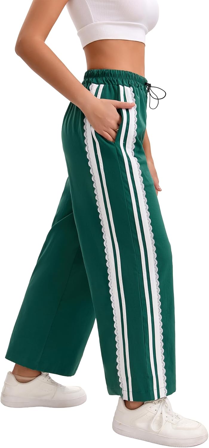 Baggy Track Pants Women Wide Leg Y2K Casual Drawstring Striped Contrast Color Lace Side Workout Pants - Image 2