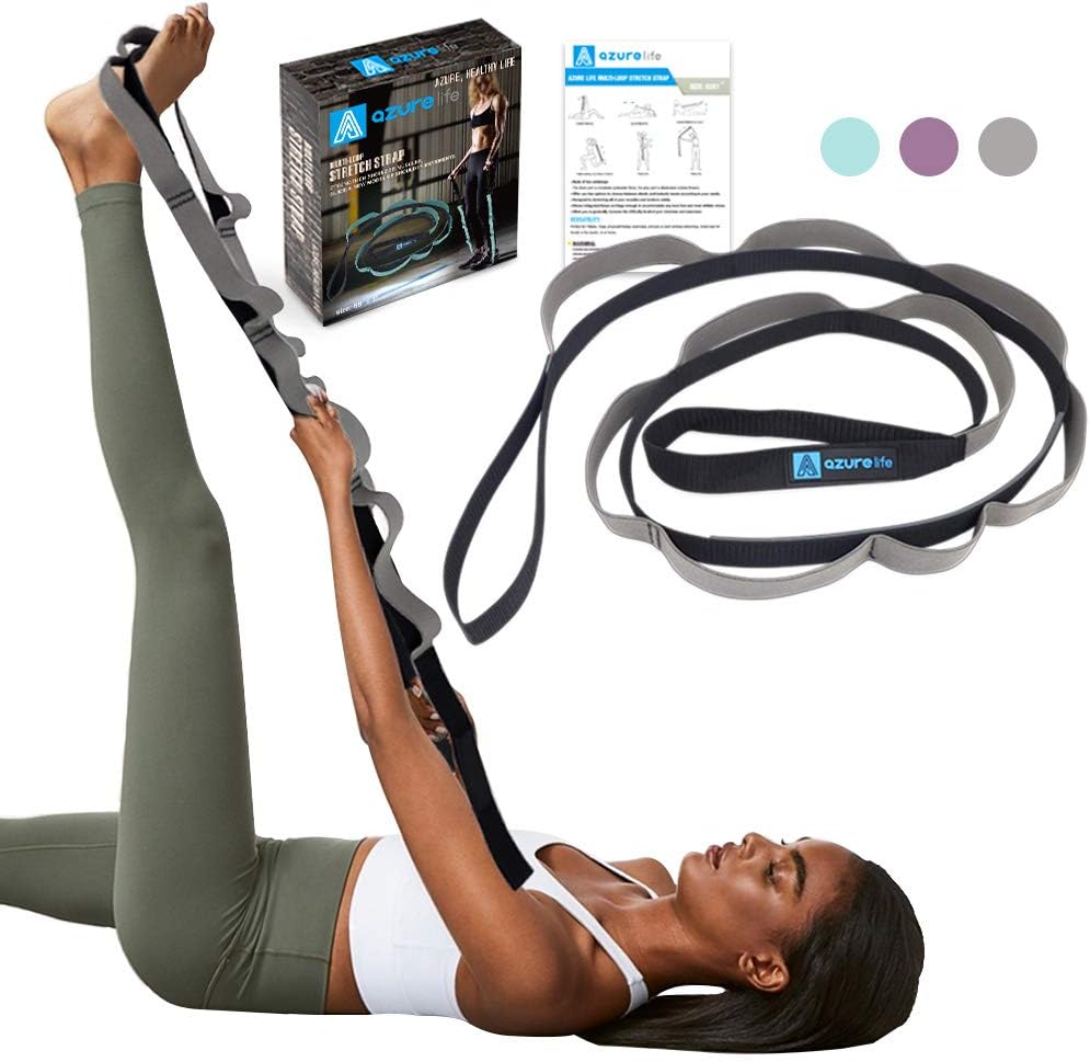 A AZURELIFE Stretch Strap with 11 Loops, Half Elastic Stretching Strap Band - Stretch Tool for Yoga Physical Therapy, Dance and Pilates, Gymnastics, Hamstring Strength Training with Instruction Guide : Sports & Outdoors