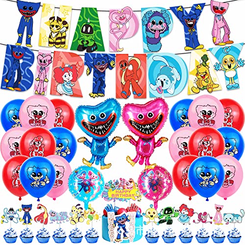 Poppy Playtime Themed Birthday Party Decorations | Includes Happy Birthday Banner Cake Cupcake Toppers Latex and Foil Baloons | Cartoon Birthday Party Supplies for Adults and Kids