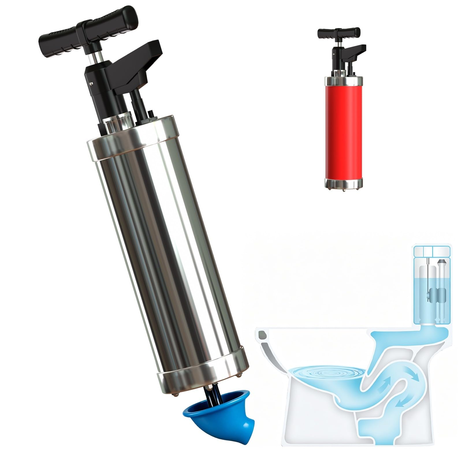 Druckluft Rohrreinigerm, Pressluft Rohrreiniger mit 4 Saugnäpfe, Toiletten | Abflussreiniger pumpe mit Luftdruckanzeige für Spüle, Boden, Badewanne, Rot und Silber