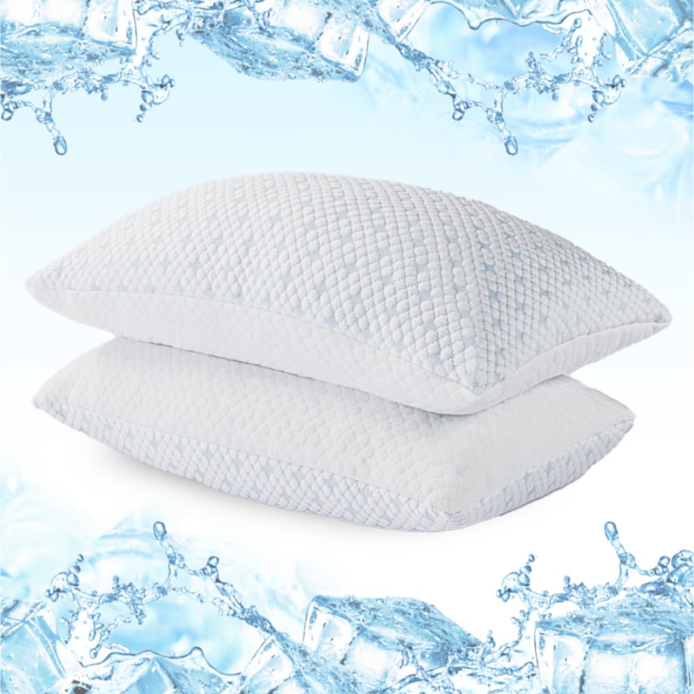 Shredded Memory Foam Pillows for Hot Sleepers, Cooling Adjustable Bed Pillows for Side, Back or Stomach Sleepers, Neck Pillows for Sleeping, Queen Pillow with Removable Cover (2 Pack, Cooling)