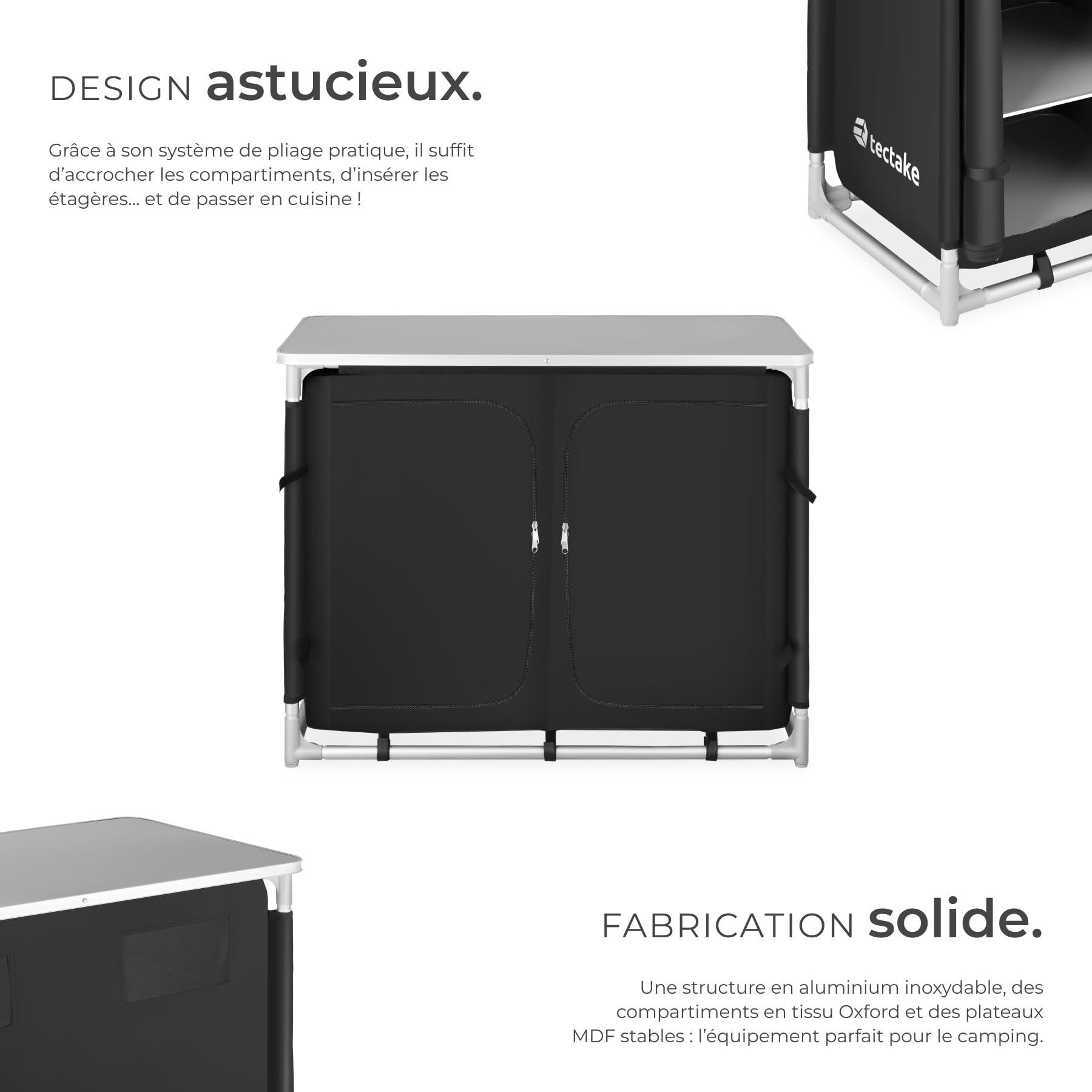 tectake® Meuble de Rangement Cuisine de Camping Pliable en Aluminium, avec Étagères, Plan de Travail, Pieds réglables, Sac de Transport Inclus, Stockage pour Vaisselle, Accessoires Cuisine, Aliments