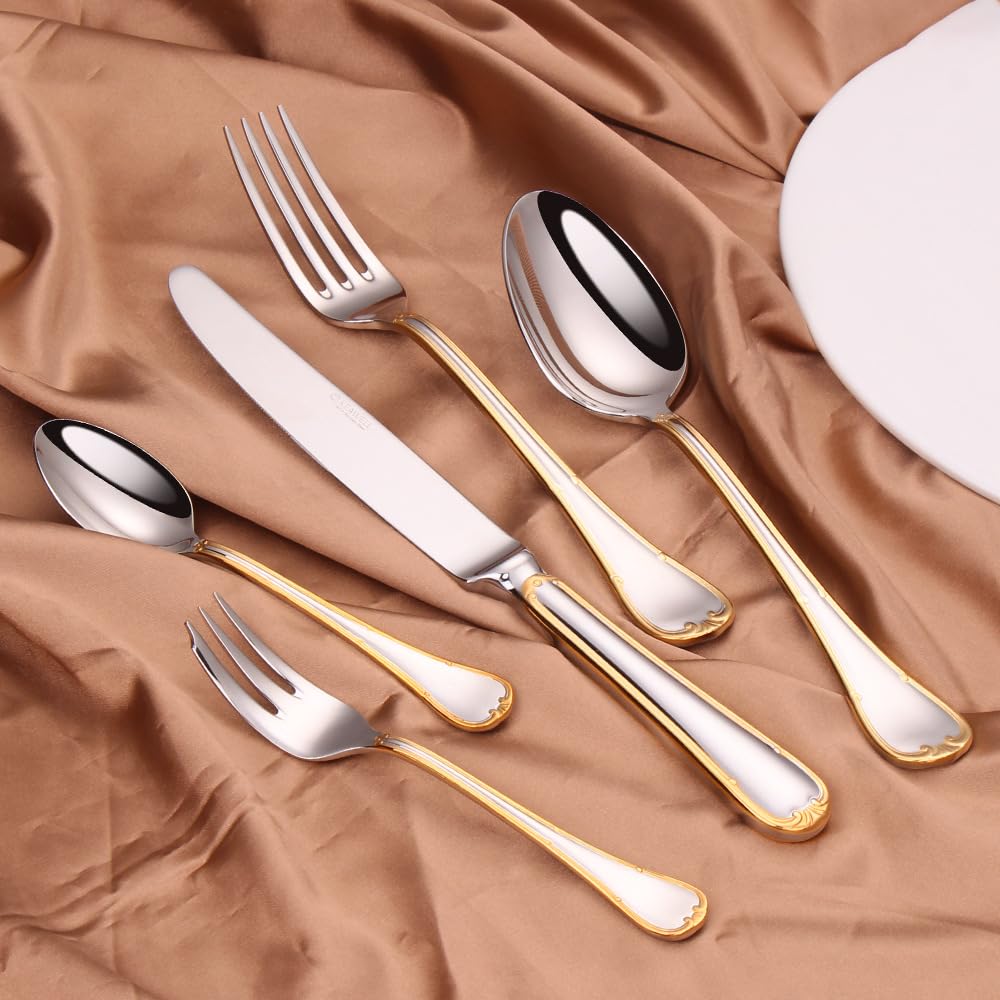 Oro Cerchiato Manico Dorato Cucina Acciaio Inox Argenteria Stoviglie Posate Set Bistecca Coltello Forchetta Cucchiaio Cucchiaino (12 pezzi)