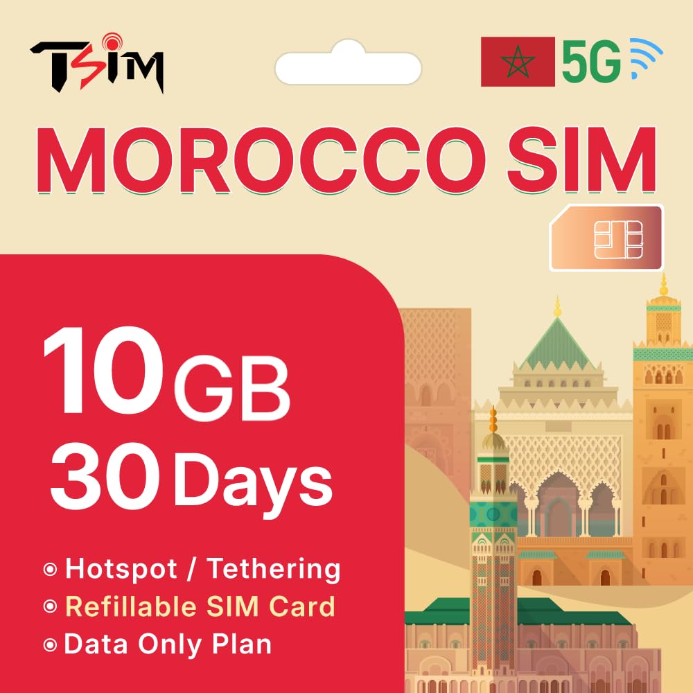 TSIM Carte SIM Maroc 30 Jours | 10 Go de données 5G/4G/LTE Haut débit | Partage de Connexion autorisé | Activation Automatique | Vitesse illimitée | Données Uniquement, sans appels.