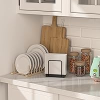 Vista 3 de Wican Servilletero para Mesa, Dispensador de Servilletas de Pie de Bambú e Hierro para Cocina Comedor Granja Cóctel Picnic Bar Soportes de Madera