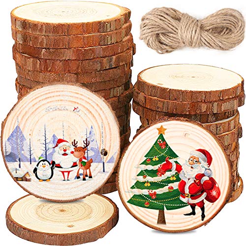 BEYAOBN 30Pcs Rodajas de Madera Natural 6-7 cm Discos de Madera Rebanada Círculos sin acabado Decoracion Navideña con agujero y 10M cuerda para Manualidades