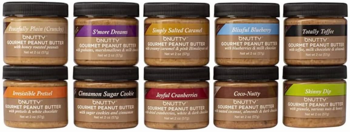 bNutty Gourmet Peanut Butter - Assorted Flavors - Gluten Free - Natural Peanut Butter - Made in USA - 2oz Trial-Sized Jars - 10 Jar Gift Pack