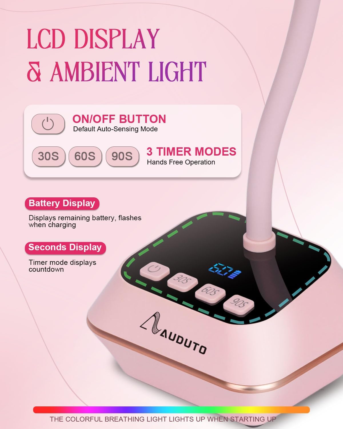 UV LED Nail Lamp for Gel Nails Polish, Flash Cure 36W Rechargeable Cordless Gooseneck Mini Nails Light, Quick Dryer with Timers Smart Sensor Ambient Lighting, Home DIY & Professional Manicure, Pink