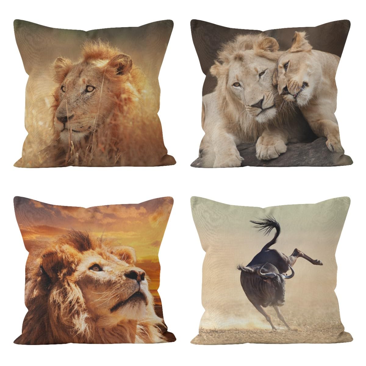 Housse de coussin décoratif lin 50x50 taie oreiller enfant hyène Afrique paysage nature sol 4Pcs