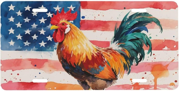 Watercolor Rooster American Flag Front License Plate for Women Car Vanity Plates Decorative Aluminum Metal Cute Novelty License Plate Cover for Men 6x12 Inch 4 Holes