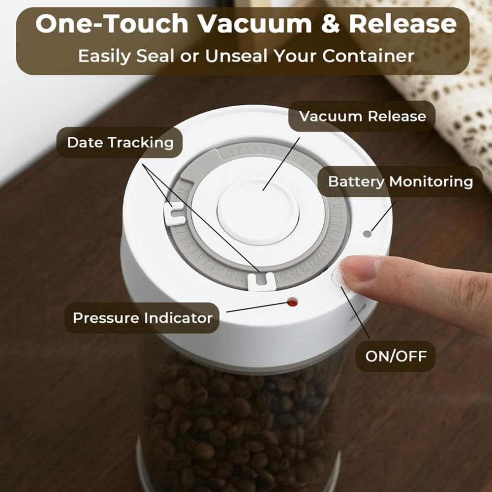 Automatischer Vakuum-Kaffeebehälter, 1,35 L Luftdichter Kaffeebehälter für 510 G Kaffeebohnen, EIN-Knopf-Bedienung
