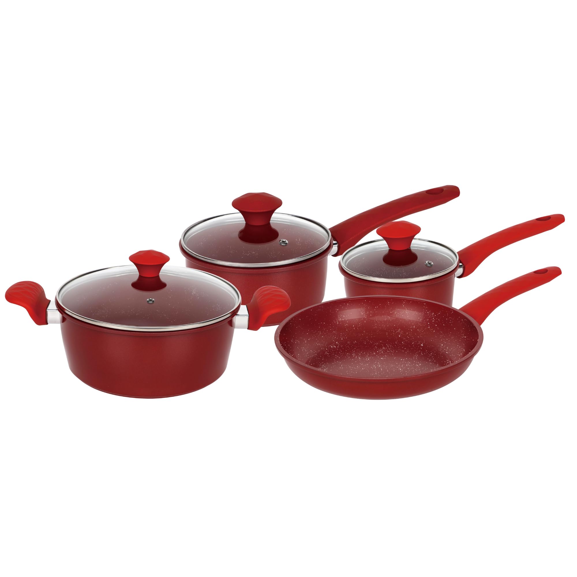 Herzberg Batterie de Cuisine 7 Pièces Antiadhésive HG04715, Rouge | revêtement antiadhésif, rétention de chaleur, poignées ergonomiques, facile à nettoyer, tous feux