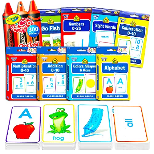 School Zone Flash Cards Super Set for Toddlers/Kids ~ 8 Packs (ABC, Numbers, Colors and Shapes, Addition, Subtraction, More with 300 Reward Stickers)