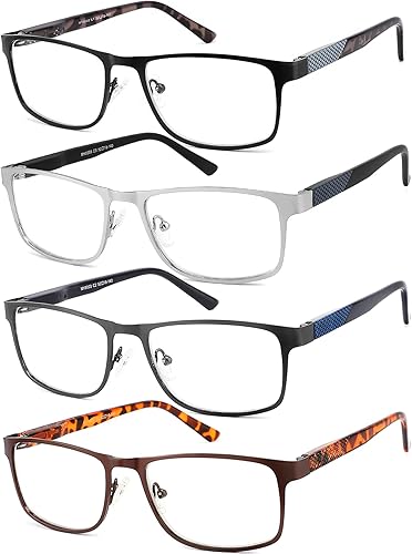 JJWELL Paquete de 4 lentes de lectura para hombres, bloqueo de luz azul, lectores de marco completo de metal para hombres, antifatiga ocular,