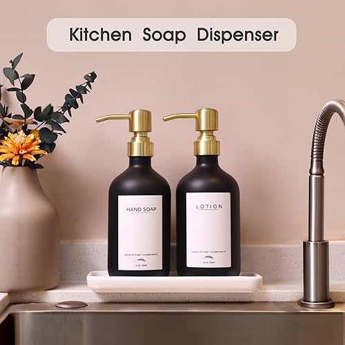 Miniatura 3 de Supforce Dispensador de jabón para platos de vidrio con bandeja de cerámica y bomba de acero inoxidable, juego de dispensador de jabón de cocina con