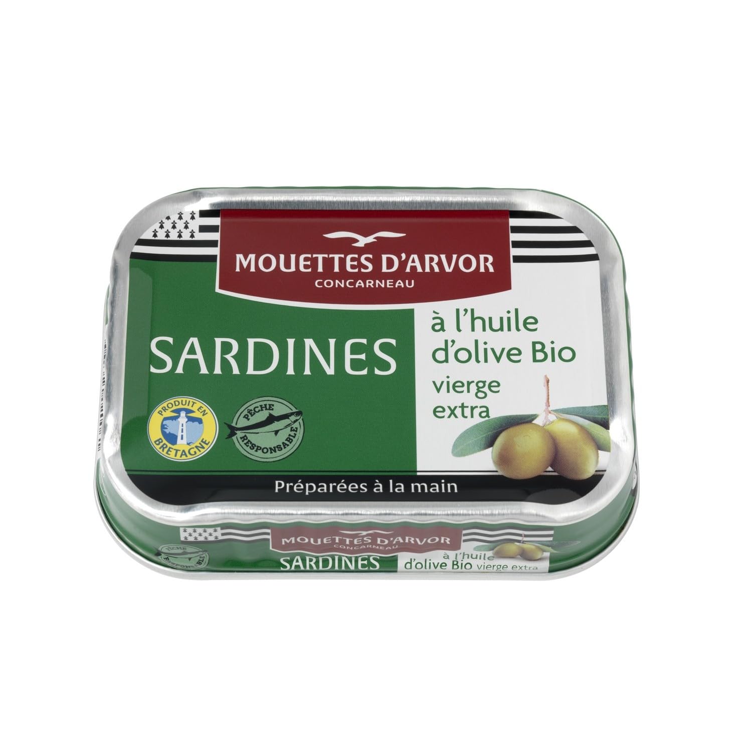 Savourez des sardines entières préparées à la main avec une huile d'olive bio vierge extra — LES MOUETTES D'ARVOR, conserve de 115g - Lot de 3