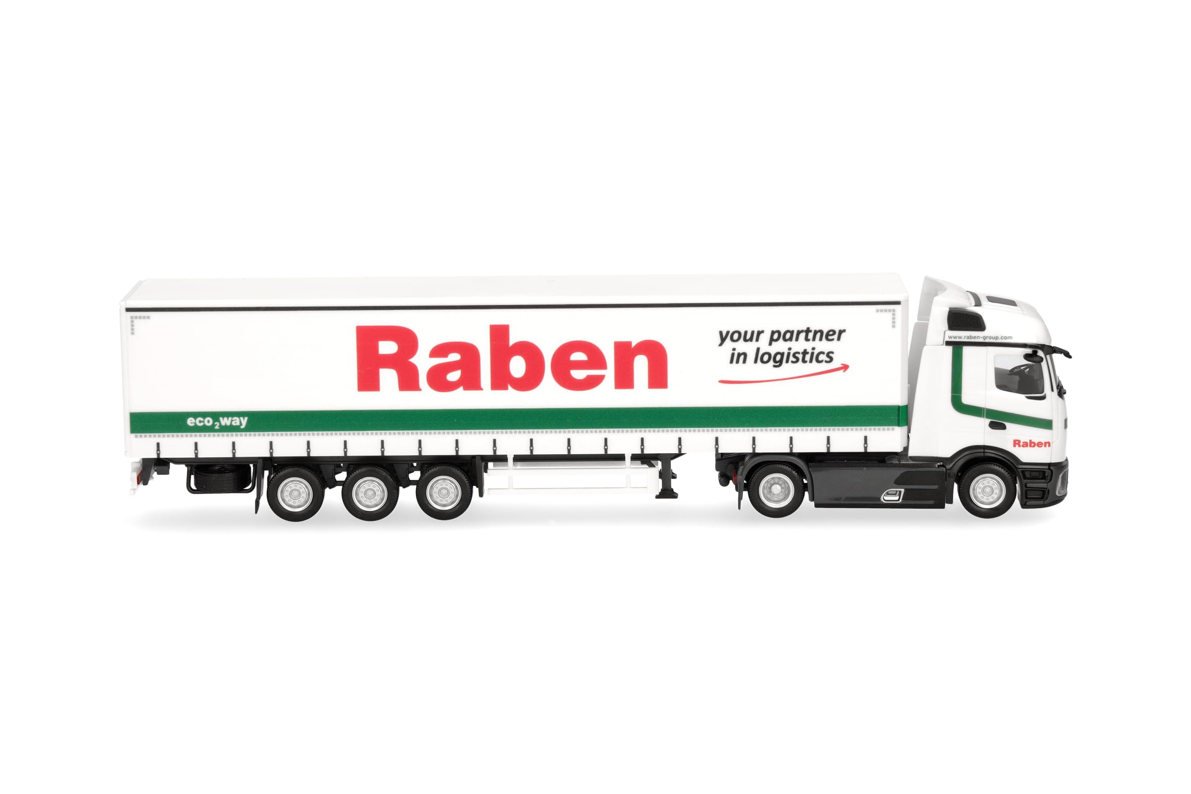 Herpa model ciężarówki Mercedes-Benz Actros L ProCabin Streamspace zestaw z naczepą kurtynową „Raben Logistics”, miniatura w skali 1:87, model kolekcjonerski, Made in Germany, tworzywo sztuczne