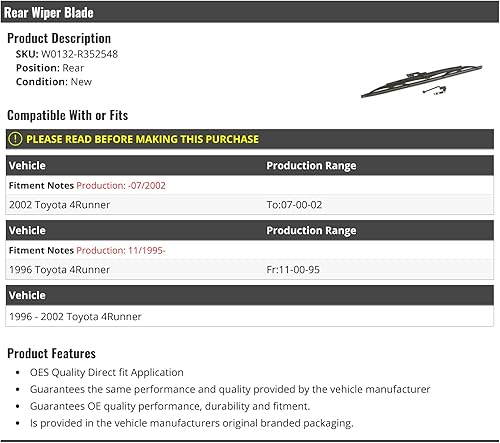 Limpiaparabrisas trasero compatible con Toyota 4Runner 1996-2002 (se adapta a partir de 11/1995 hasta 07/2002)