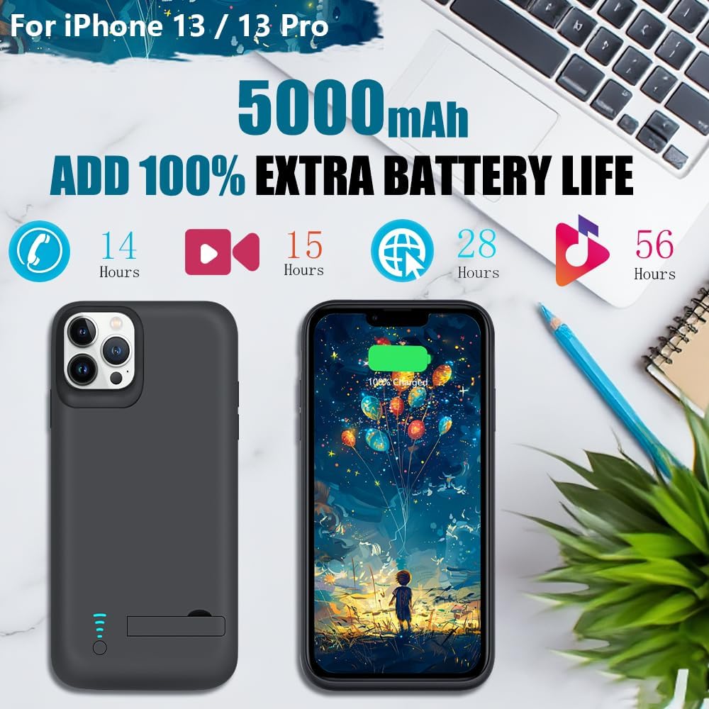 Upgraded Battery Case for iPhone 13/13 Pro, 5000mAh Rechargeable Extended Battery Charging Charger Case, Add 100% Extra Juice (6.1 Inches) Black