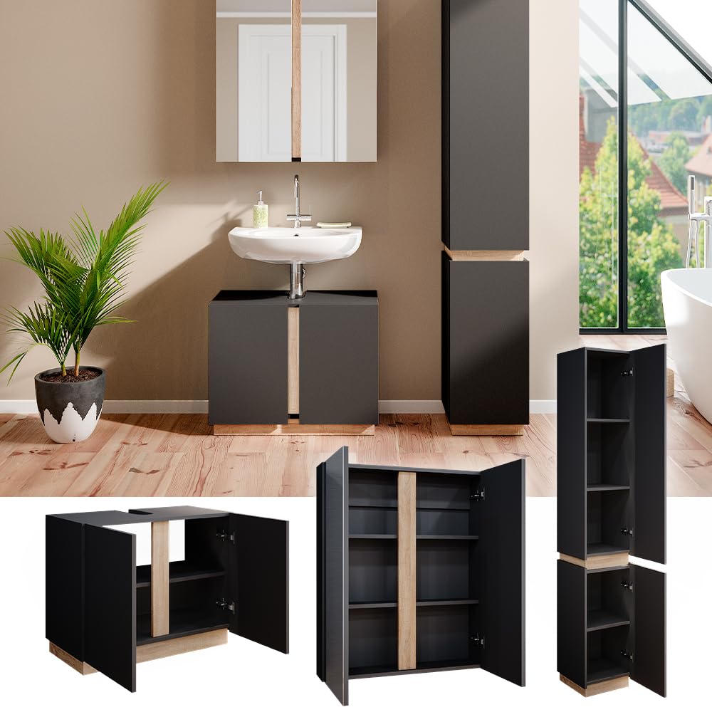 Vicco Badmöbel-Set Gloria, Anthrazit, 70 cm, besteht aus Waschbeckenunterschrank, Spiegelschrank und Hochschrank