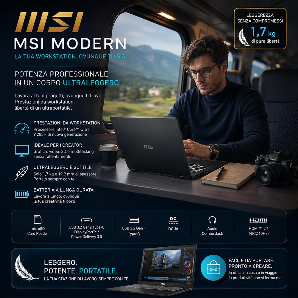 msi Modern AI Notebook Intel Core Ultra 9 285H, Ram DDR5 32Gb, 1Tb, Win11 | 16Core fino a 5.40 GHz, SSD PCI Nvme da 1 Tb, Memoria Ram DDR5 32Gb, Intel ARC Graphic, Display port, Win11, Garanzia Italia