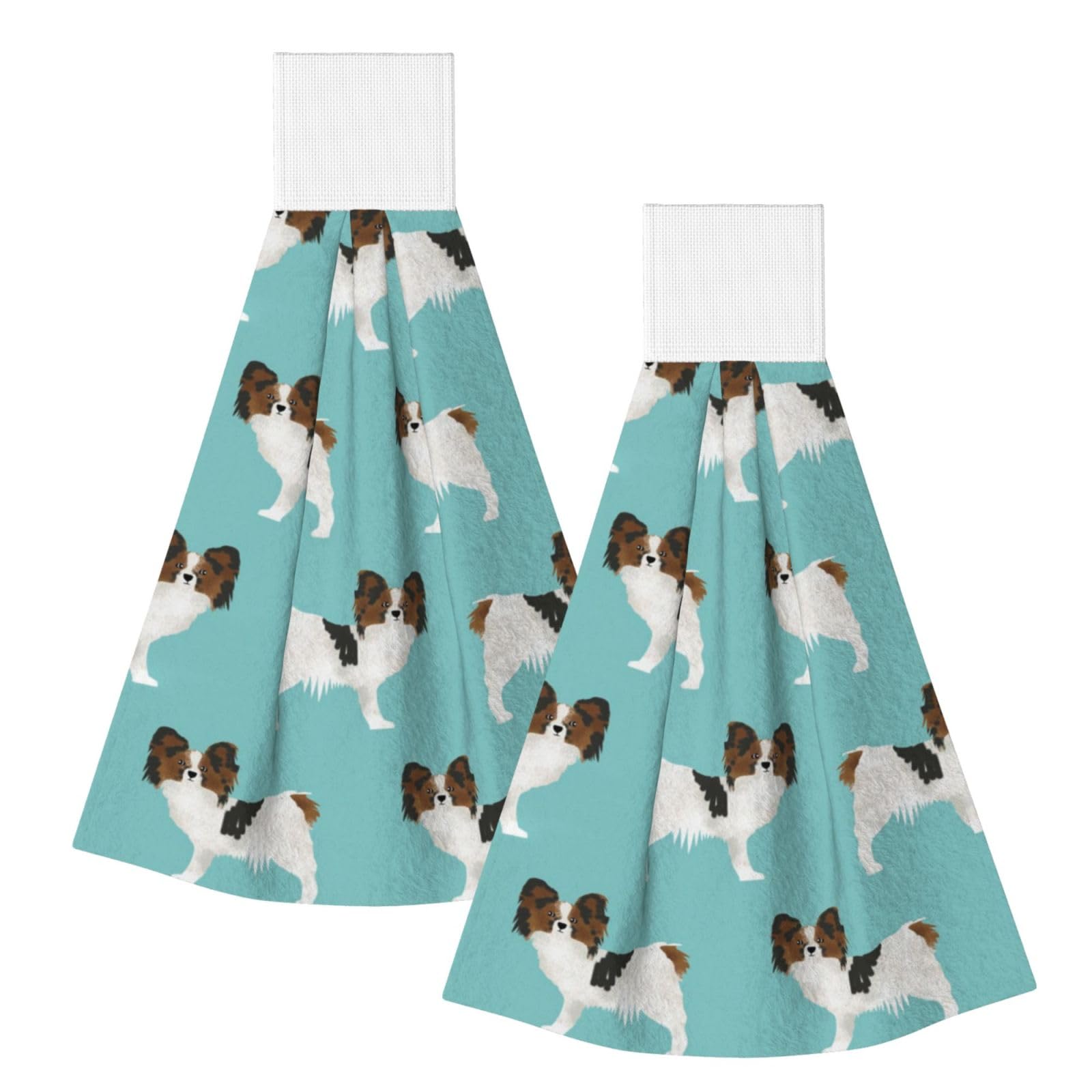 DOPKLNA Papillon Dogs Cute Toy Spaniel Dog, 2 Pcs Hanging Coral Fiber Hand Towels for Bathroom, Absorbent Kitchen Towels