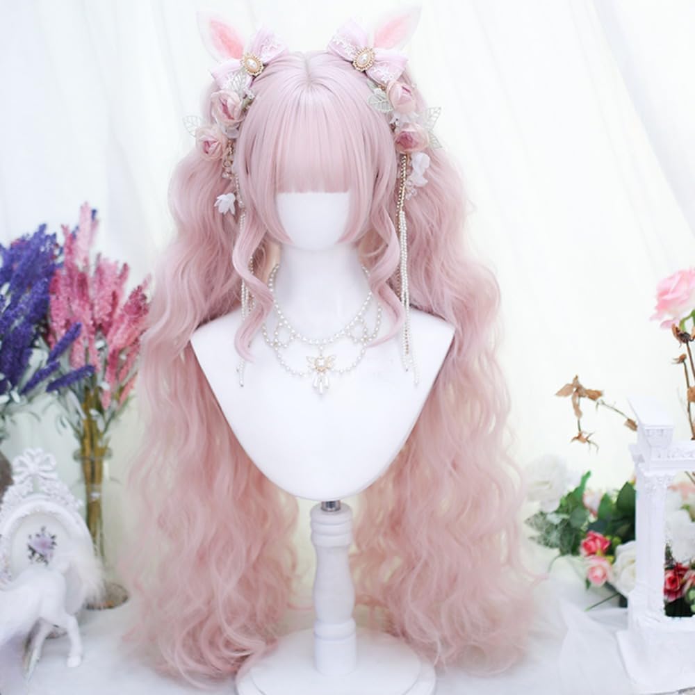 SCORRO Removable Wavy Pigtails Long Wig with Hair Claw Clip, Romantic Curls Hair Daily Wigs for Women, Oil Painting Character Hairstyle, Sideburns Volume, Cosplay Wig Party Wig (Pink,straight bangs)