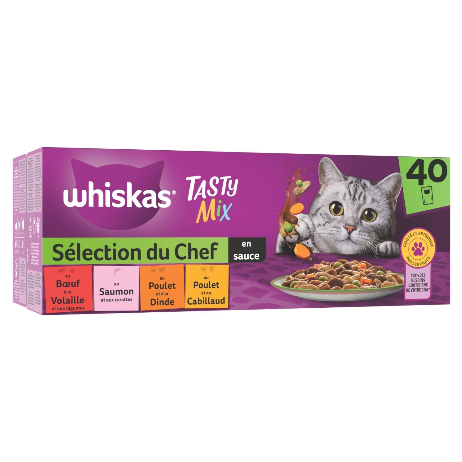 Pâtée pour Chat Adulte en Sauce Boeuf Volaille Saumon Poulet Dinde Cabillaud Tasty Mix Sélection Chef WHISKAS - la boîte de 40 sachets fraîcheur