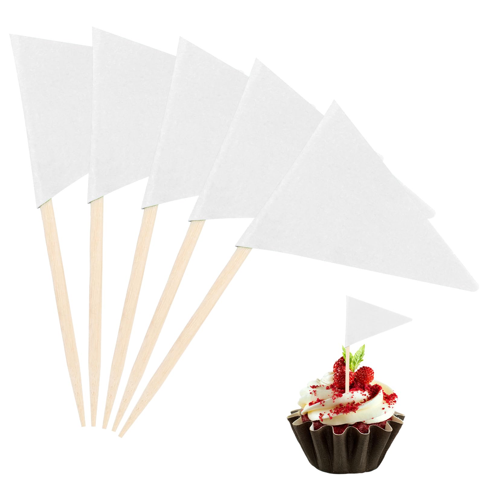Photo 1 of 100 Pcs Toothpick Flags Mini Small Plain White Triangle Stick Golf Cupcake Toppers Sticks Blank Flag Fruit Cheese Markers Flags for Wedding Party Buffet Appetizers Dessert DIY Decoration Solid White