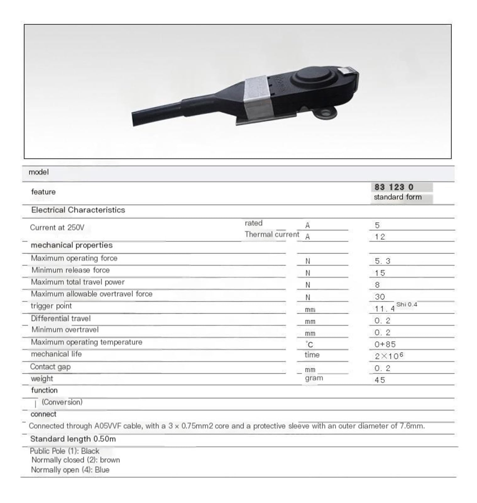 Interruptor de límite de acción rápida SPDT 5A 250V AC Pin Émbolo 0,5 m Cable for automatización 83123018