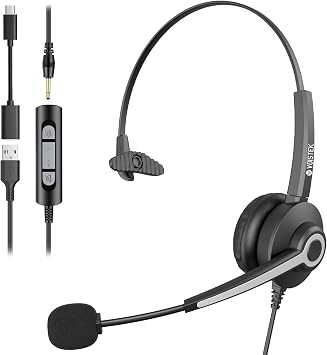Voistek USB Headset with Microphon,Single-Ear Headset for PC Laptop | Noise Cancelling Mic,3.5mm Plug,USB-A Cable & USB-C Adapter,In-Line Volume Control,Mute Button for Teams Zoom,Home Office