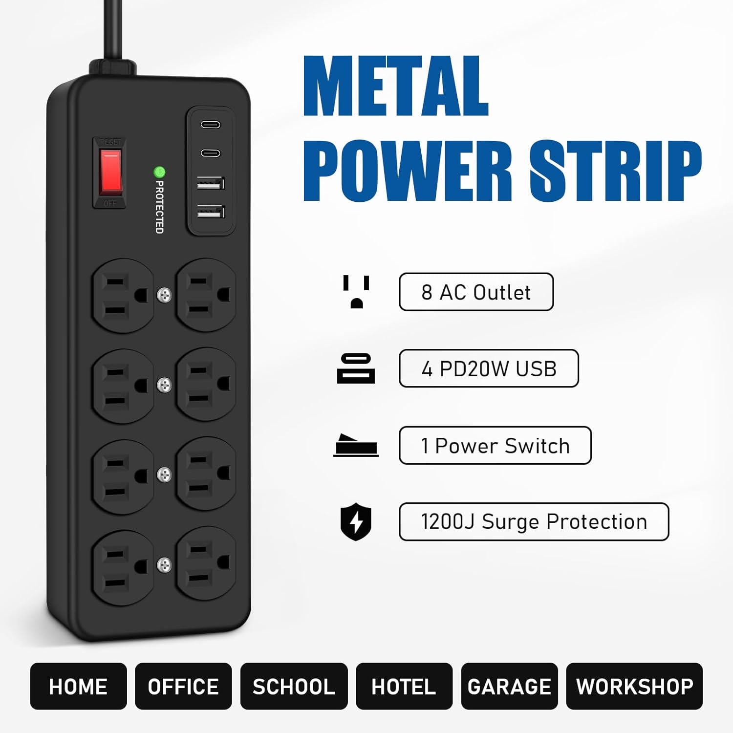 Heavy Duty Power Strip with USB,8 Outlet Workshop Metal Power Strip,PD20W USB C 15A 1200 Joules Surge Protection,Wide Spaced,10FT Cord