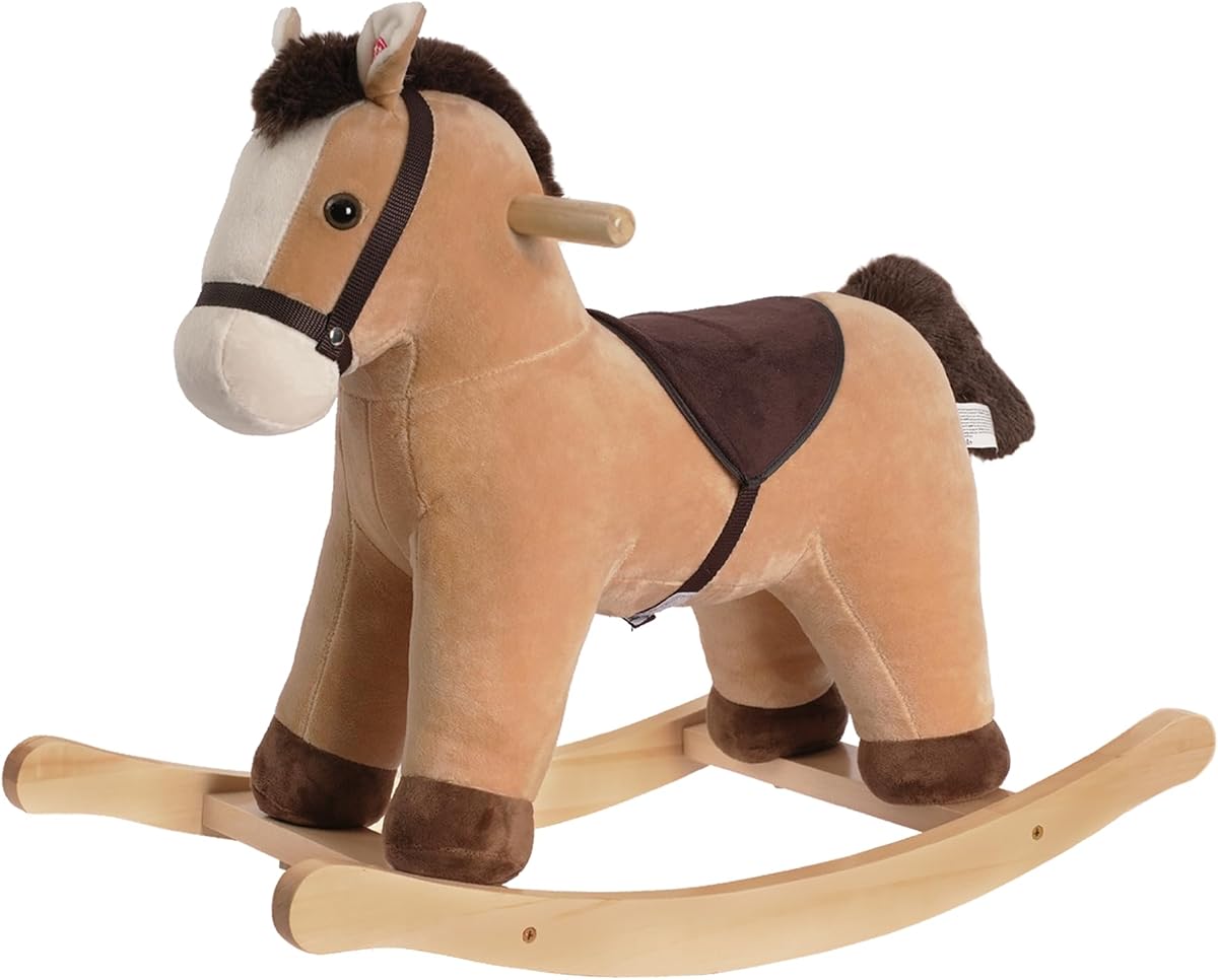 Rock My Baby Caballo balancín, animal balancín con sonido realista, balancín de peluche para niños pequeños de 18 meses o más, paseo en pony con relleno suave, caballo marrón claro, certificado CPC