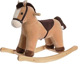 Rock My Baby Caballo balancín, animal balancín con sonido realista, balancín de peluche para niños pequeños de 18 meses o más, paseo en pony con relleno suave, caballo marrón claro, certificado CPC