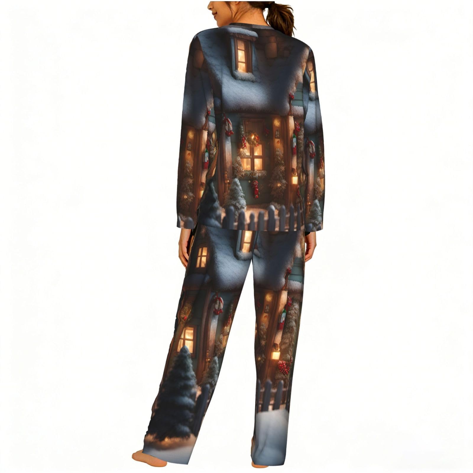 Christmas Village House 4 Stampa Donna Manica Lunga Pigiama Corrispondente Morbido Spiaggia Vacanze Nightwear Regalo Casual
