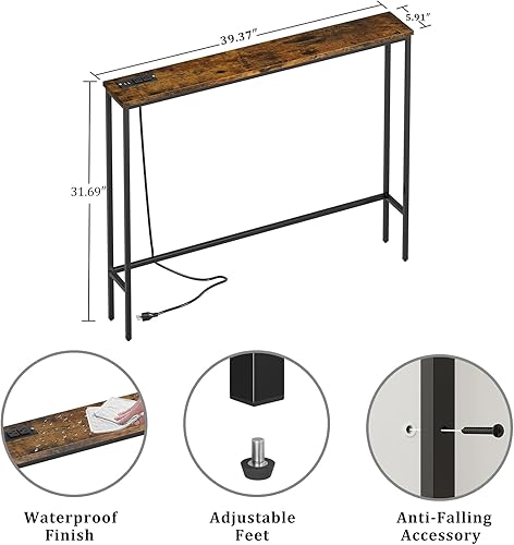 Miniatura 3 de Paquete de 2 mesas consola de 5.9 pulgadas con toma de corriente, moderna mesa de sofá estrecha detrás del sofá, mesa de entrada delgada con marco